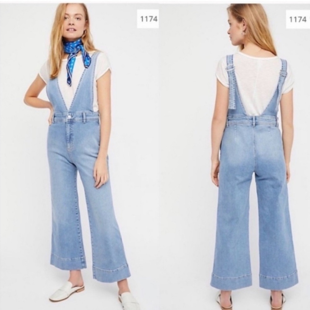 Free People A line Sky Blue Denim Overalls 2